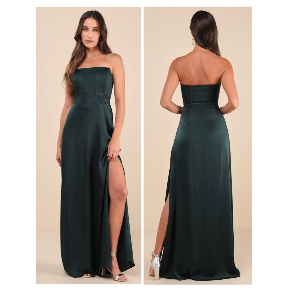 Lulus Extraordinary Presence Dark Green Satin Strapless Maxi Dress Size XS NWT